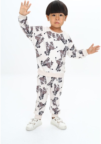 Lolliboomkids Unisex Çocuk Ekru Renk Zebra Desen 2 İplik Eşofman Takımı Krem