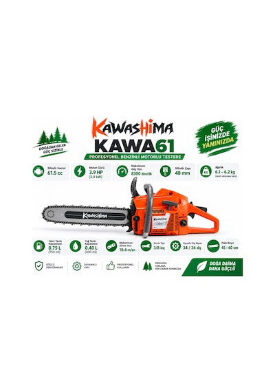 Algaride Kawashima Kawa61 Benzinli Motorlu Testere 61.5cc 3.9hp 2.9kw 60 Cm Uyumlu 3/8 Zincir Profesyonel Kesim Motoru