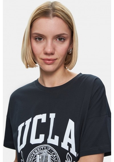 Avalon Antrasit Bisiklet Yaka Baskılı Oversize Kadın Tshirt Antrasit