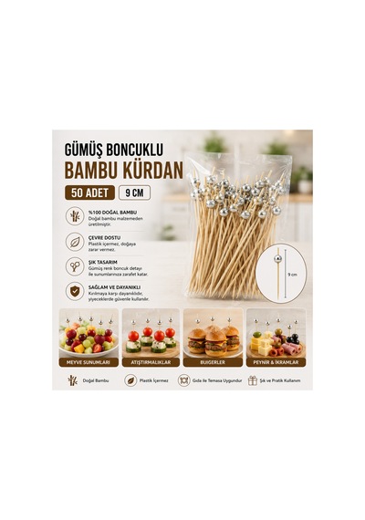 Silver Boncuklu Bambu Kürdan 9 Cm 50 Adet - 913892161