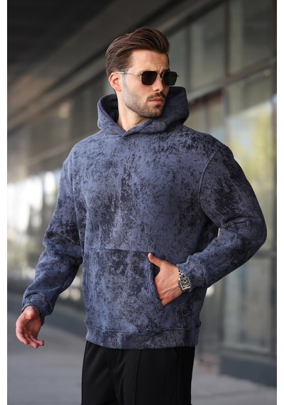 Madmext Lacivert Desenli Kapüşonlu Erkek Sweatshirt E7167 Lacivert