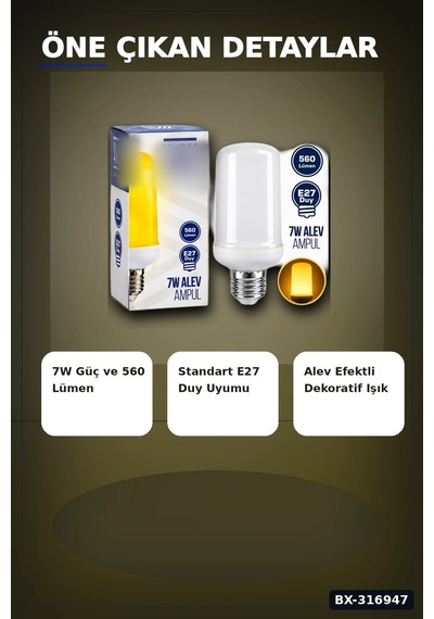 Alev Efektli Led Ampul 7w E27 Duy 560 Lümen Ip20 Koruma Dekoratif Lamba Bx-316947