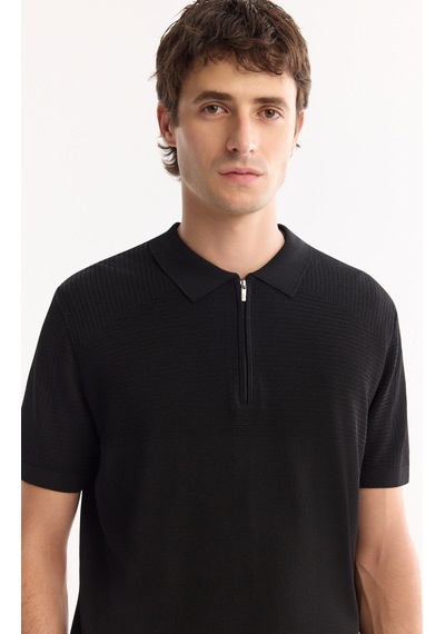 Avva Erkek Siyah Polo Yaka Fermuarlı Rayon Tüylenmeyen Triko Regular Fit T-shirt A52y5006