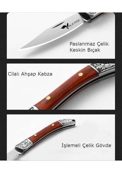 Valkyrie Mini Çelik İşlemeli Katlanır Outdoor Cep Kamp Bıçağı Şık Tasarım, Taşıması Kolay Ahşap Siyah Siyah