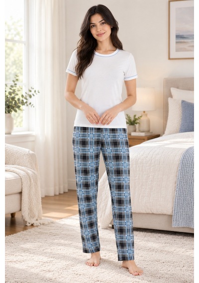 Lılac Kadın %95 Viskon Yaka Biyeli Ekose Pijama Takımı Lacivert-beyaz Lacivert-beyaz