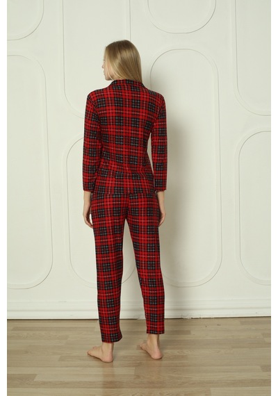 Wordex Fawn 3702 Boydan Düğmeli Soft Süet Kışlık Kareli Kadın Pijama Takımı Kırmızı