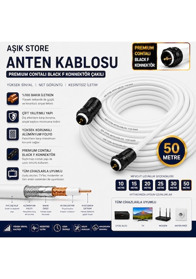 50 Metre Premium Anten Kablosu %100 Bakır İç İletken Contalı Black F Konnektör Çakılı Koaksiyel Tv Uydu Kablosu