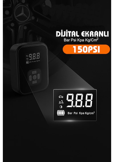 H-9293 Akıllı 4000mah Şarjlı Hava Pompası Kompresörü 150psi Araç Lastik, Bisiklet, Top Şişirme Oto Hava Kompresörü Digital