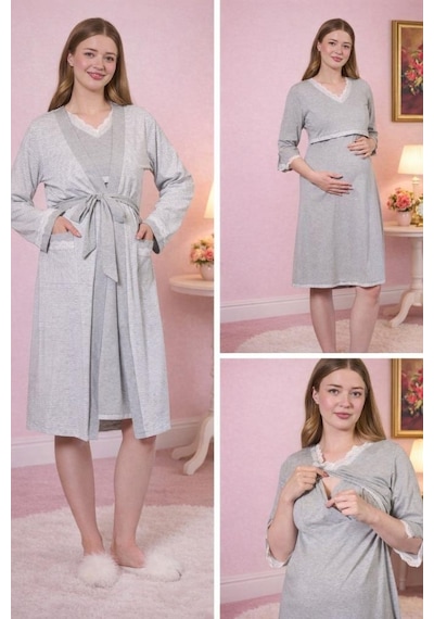 Aqua Cossybyaqua 26100 Gri Çizgili Hamile Lohusa Gecelik Sabahlık Takım