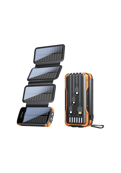 20000mah Solar Powerbank - Katlanabilir 4 Panel, Darbeye Dayanıklı Kasa Ve Fenerli Kamp Şarj Aleti Siyah Turuncu