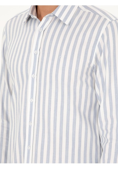 Cacharel Mavi Slim Fit %100 Pamuk Çizgili Gömlek