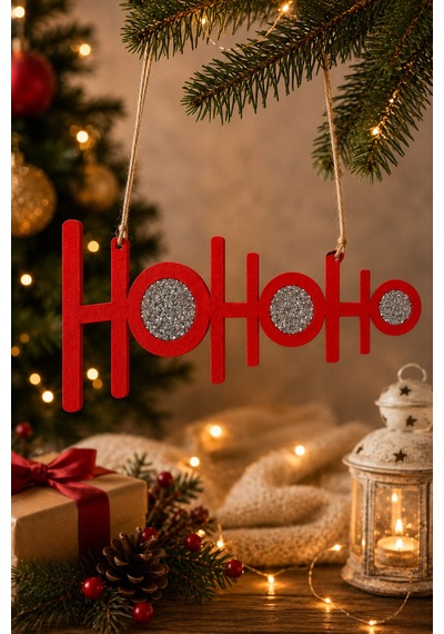 Ho Ho Ho Yılbaşı Süsü Kırmızı Keçe, Gümüş Taşlı, Asma İpli Kırmızı