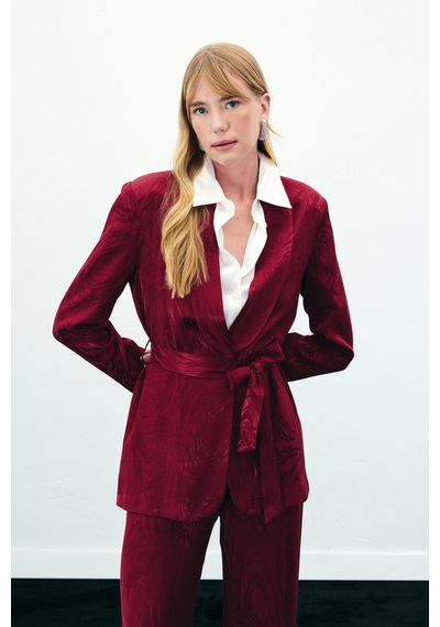 Sateen Kuşaklı Uzun Ceket - Bordo-136423 Bordo