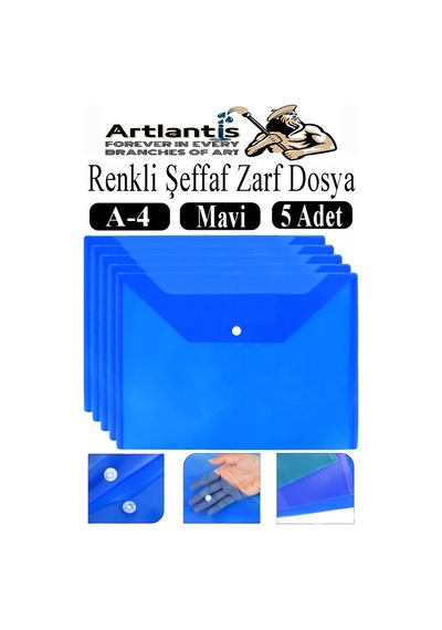 Mavi A4 Çıtçıtlı Dosya Şeffaf Renkli Zarf Dosya 5 Adet Çıt Çıtlı Dosya Su Geçirmez 100 Yaprak Kapasite