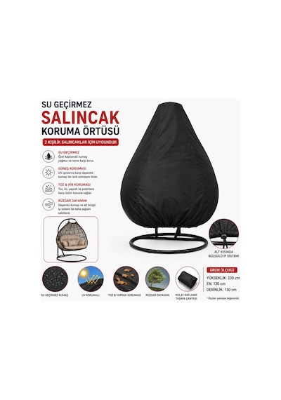 2 Kişilik Salıncak Koruma Örtüsü 230x130x130 Cm Su Geçirmez Bahçe Salıncağı Kılıfı Siyah