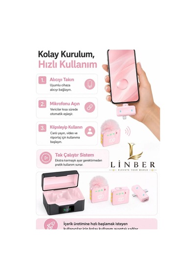 Kablosuz Tüylü Pembe Yaka Mikrofonu 1 Alıcı 2 Verici Şarj Kutulu Dijital Ekranlı 2.4g Gürültü Azaltmalı Type-c Lightning Uyumlu Mikrofon Seti