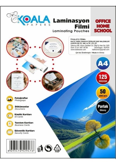Koala Papers Laminasyon Filmi A4 125 Micron 50 Lü Yüksek Kalite Koruma Ve Parlaklık