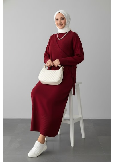 Defymoda Kadın Kırmızı Modest Triko Tunik Elbise Takım Kırmızı