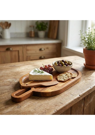 Doğal Akasya Ahşap Oval Peynir Ve Sunum Tahtası 30x14 Cm Saplı Servis Tepsisi, Yanında Özel Ahşap Peynir Bıçağı İle 2 Parça Set Çok Renkli