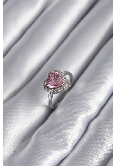 Pirinç Gümüş Renk Pembe Zirkon Taş Kalp Charm Model Kadın Yüzük Altın - Beyaz
