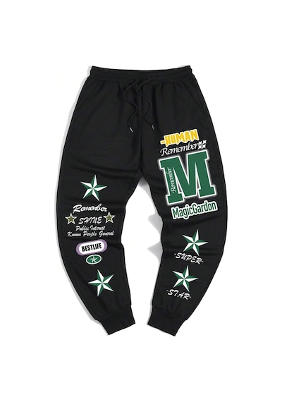 Guys Star & Slogan Graphic Drawstring Waist Eşofman Altı Siyah