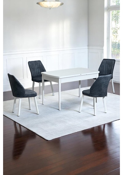 Florn Beyaz 80 x 132 Açılabilen MDF Masa Metal Ayaklı Mutfak Masası Takımı 4 Füme Desen Sandalye Florn Beyaz 80 x 132 Açılabilen MDF Masa Metal Ayaklı Mutfak Masası Takımı 4 Füme Desen Sandalye