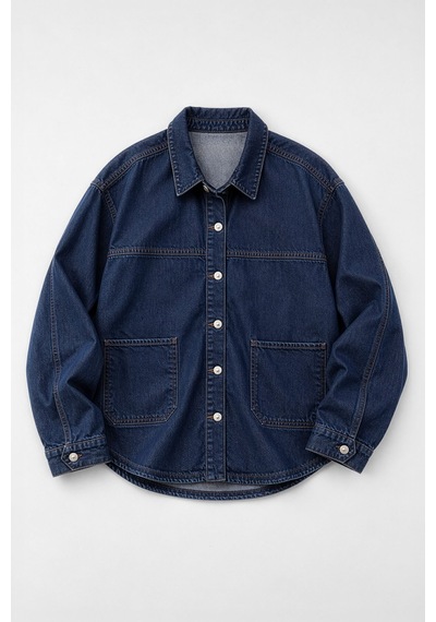 Kadın Gömlek Yaka Oversize Koyu Mavi Jean Ceket