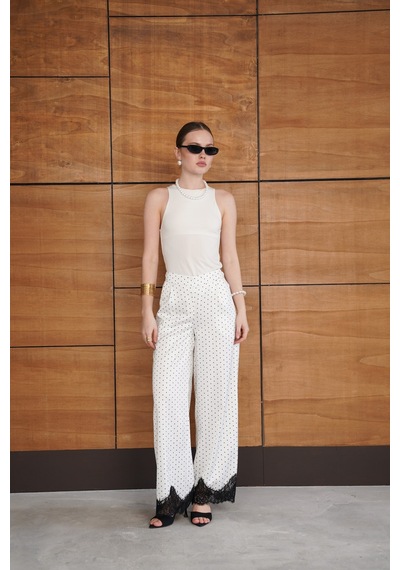 Verymoda Puantiyeli Paçası Dantelli Saten Pantolon D2970 Krem