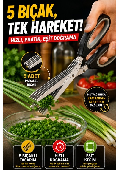 5 Bıçaklı Çoklu Doğrama Makası Sebze Yeşillik Maydanoz Taze Soğan Kesme Makası Temizleme Taraklı Set