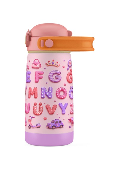 Puccon 420 Ml Kız Çocuklar İçin Alfabe Harfler Baskılı Çelik Matara Termos Suluk - 60018 Pembe - Mor
