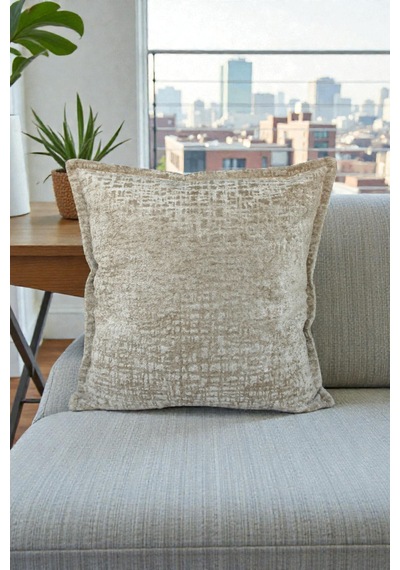 Kırlent Kılıfı Desenli Jakarlı Dokuma Ve İthal Kadife Kumaş Seti 45x45 Ve 35x50 Çift Taraflı Biyeli Vizon