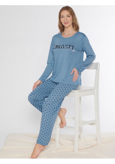 Uzun Kol Pijama Takımı Viskon Alperi 790-87 İndigo