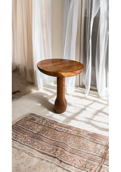 Wood Wooden Ahşap Tekli Mantar Yan Sehpa Modern Açık Ceviz Renk Fiskos Açık Ceviz