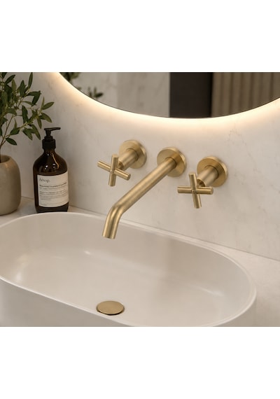 Mat Gold Ankastre Banyo Lavabo Bataryası Duvara Monte
