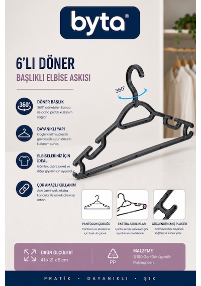 6'lı Döner Başlıklı Elbise Askısı Çok Amaçlı Pantolon Ve Aksesuar Askılı Dayanıklı Plastik Askı Siyah Siyah