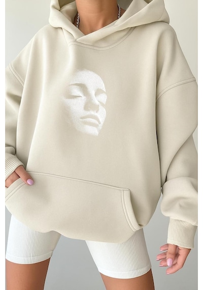 Benroma 3 İplik Penye Silüet Unisex Kapüşonlu Sweat Beyaz
