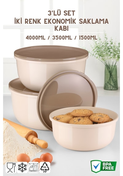 Ayza Model 3 Lü Yuvarlak Saklama Kabı Seti 1.5 Lt + 2.5 Lt + 4 Lt Krem