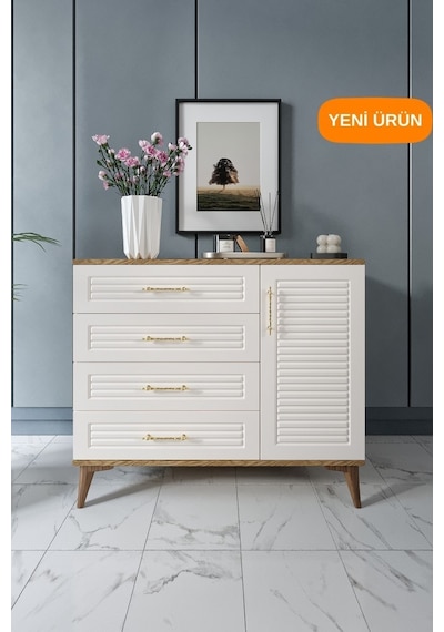 Panjurlu 4 Çekmeceli 1 Kapaklı Şifonyer Modern Tasarım, Mdf Kapak,ekru Ceviz Ceviz - Ekru Panjurlu 4 Çekmeceli 1 Kapaklı Şifonyer Modern Tasarım, Mdf Kapak,ekru Ceviz Ceviz - Ekru