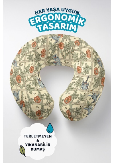 Vintage Çiçekli Kuşlu Ergonomik Boyun Yastığı - Doğal Krem Turuncu Yumuşak Seyahat Yastığı Çok Renkli