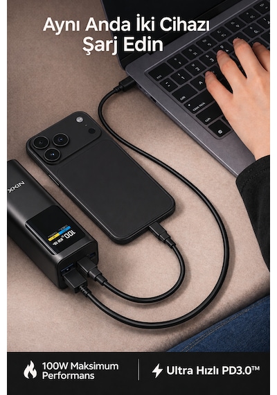 100w Ultra Hızlı Şarj Powerbank 20000 Mah Pd 3.0 Tft Ekranlı Dahili Type-c Kablolu Siyah