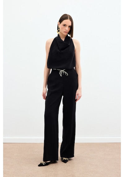 Sateen Örgü Kemerli Pantolon - Siyah-136168 Siyah