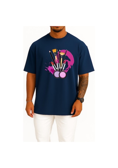 Bahriyeli Collection Oversize Kozmetik Ruj Makyaj Sanatçısı Göğüs Tasarımlı Unisex T-shirt Lacivert