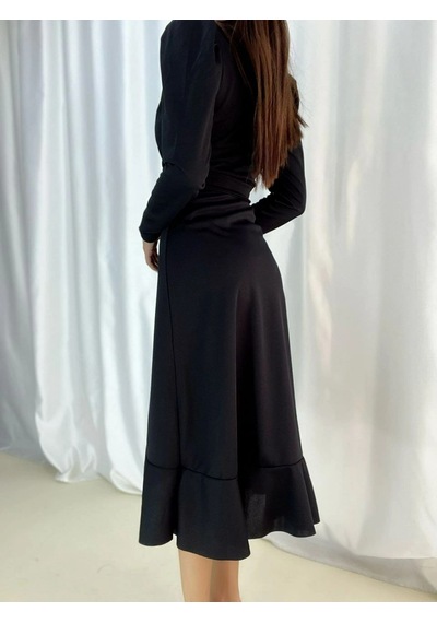 Valensdesign Krep Kumaş Midi Boy Kuşaklı Uzunkol Elbise 113 Cm Siyah