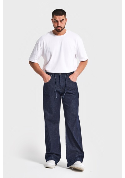 Itsbasic Erkek İndigo Renk Nc17 7w5-50 Relaxed Baggy Fit Kemeri Bağcıklı İç Boy 79cm %100 Koton Denim Jean