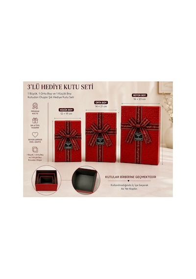 3 Lü Dikdörtgen Hediye Kutusu Seti Kırmızı Desenli Büyük Boy 16x23 Cm Orta Boy 14x21 Cm Küçük Boy 12x19 Cm Kapaklı Lüks Hediye Kutusu
