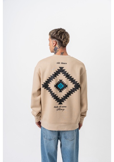 Respire Erkek Memory Baskılı Bisiklet Yaka Oversize Sweatshirt Bej