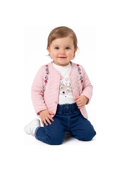 Bebegen Kız Bebek Pembe Laci Koala Çiçek Nakışlı Kapitone Ceketli 3'lü Takım