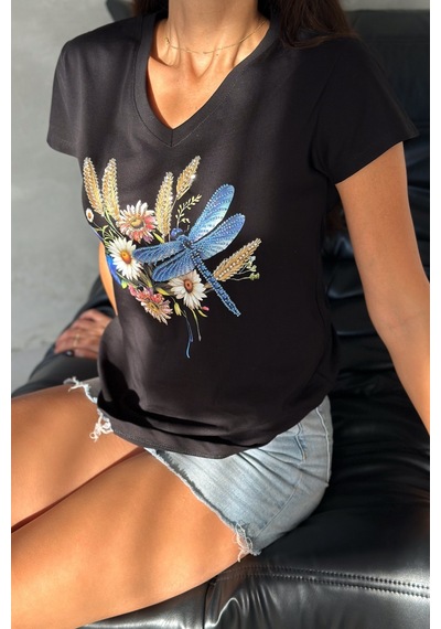 Femelle Kadın Siyah V Yaka Yusufçuk Desenli Pul Payet Boncuk İşlemeli %100 Pamuk T-shirt