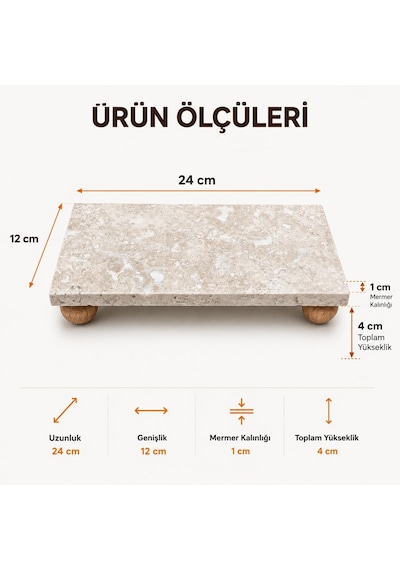 Lexroo Traverten Mermer Sunumluk Ahşap Ayaklı Doğal Taş Sunum Tabağı Yağdanlık Altlığı Kahvaltılık Çok Renkli