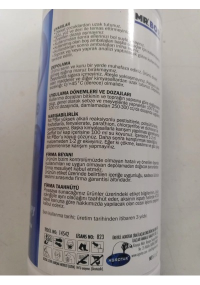 Agrotar Mr Bor Sıvı Bor Gübresi 1 Litre, Çiçek Ve Meyve Tutturucu 1 Lt